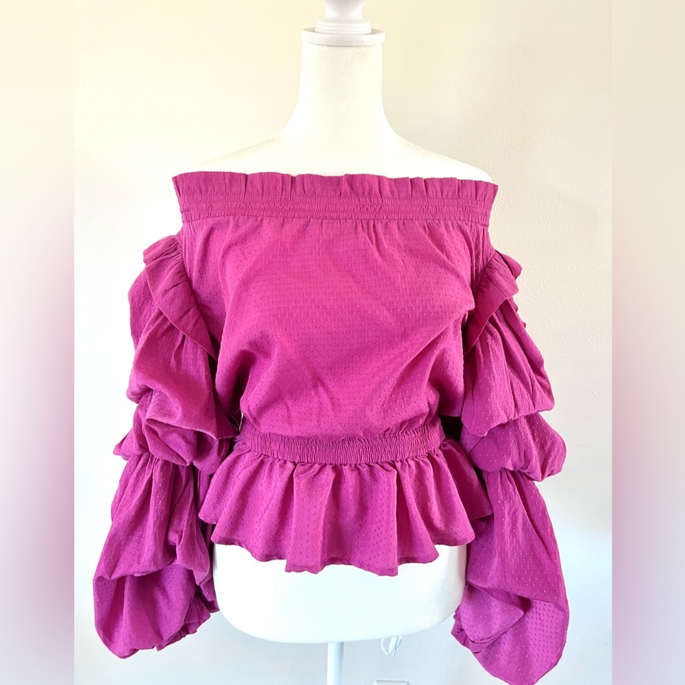 Guess Off The Shoulder Pink Tiered Balloon Sleeve Swiss‎ Dot Fabric Blouse XS